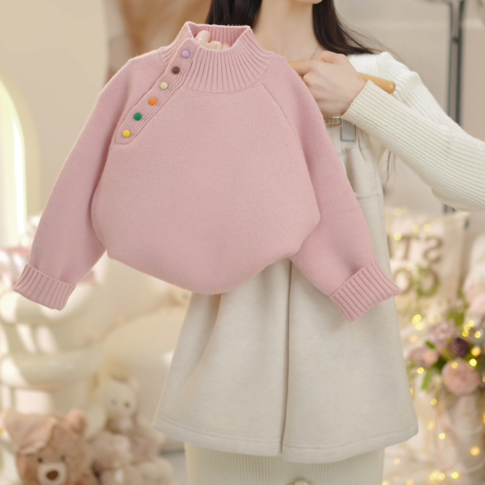 女童2025冬季新款纽扣半高领加厚毛衣加绒裤子套装C25097