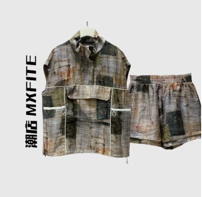 MXFITE潮店夏季新款个性复古仿牛仔马甲短裤工装套装（RDI1271）