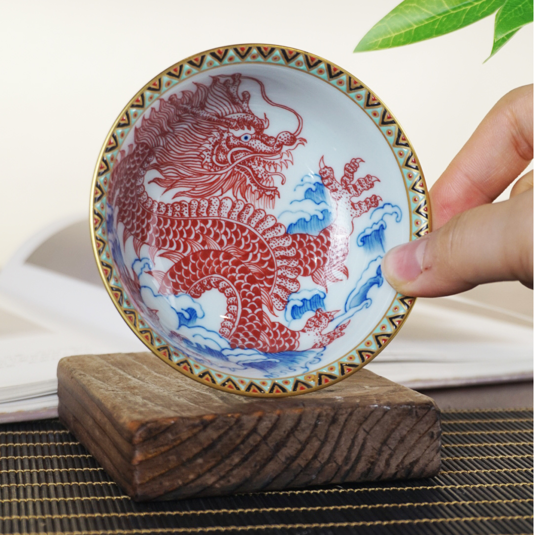 百蕙堂敦煌珐琅彩龙纹青花炉式杯单杯纯手工手绘景德镇普洱杯