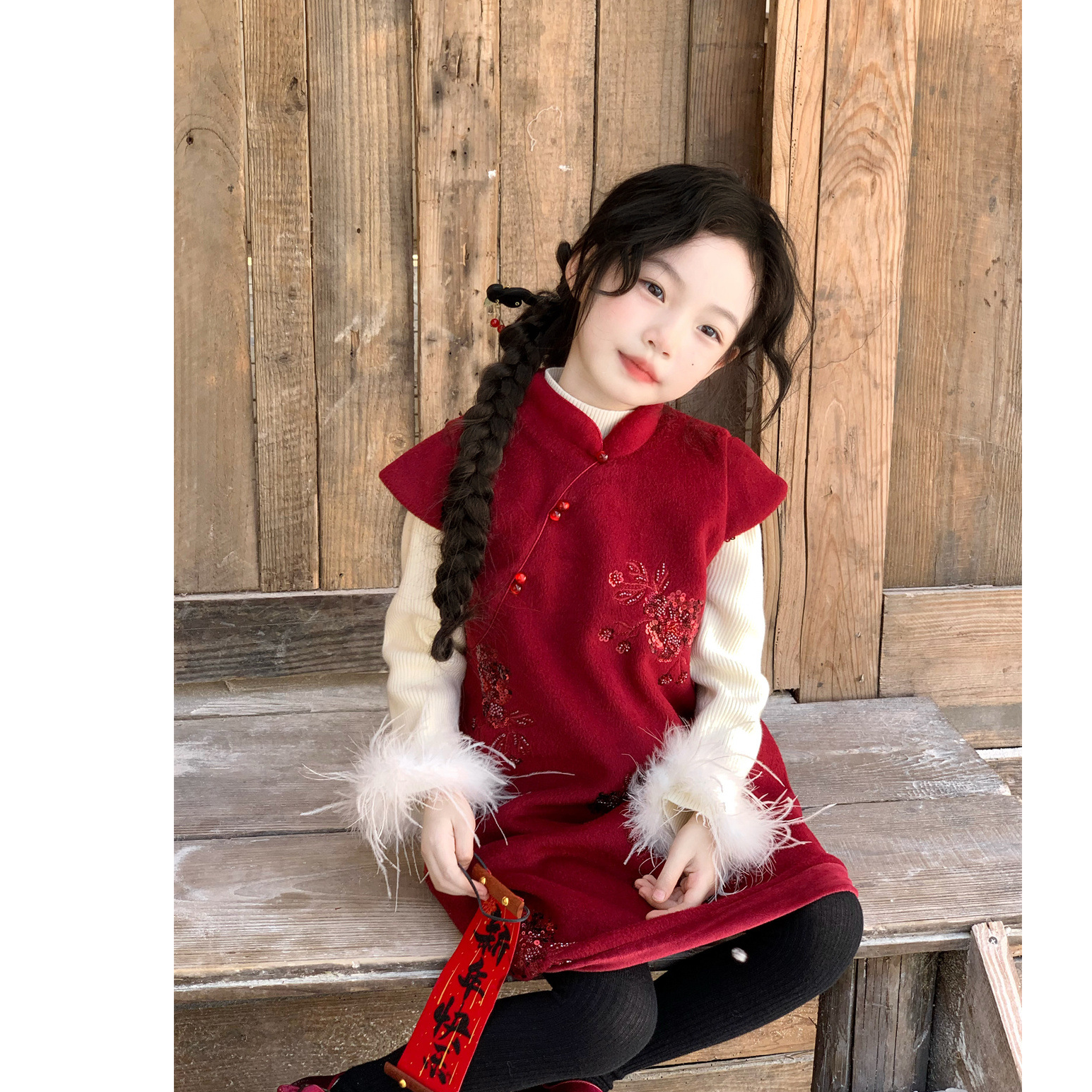 女童宝宝新年中式冬季亮片加绒旗袍背心裙儿童棉衣马甲拜年服