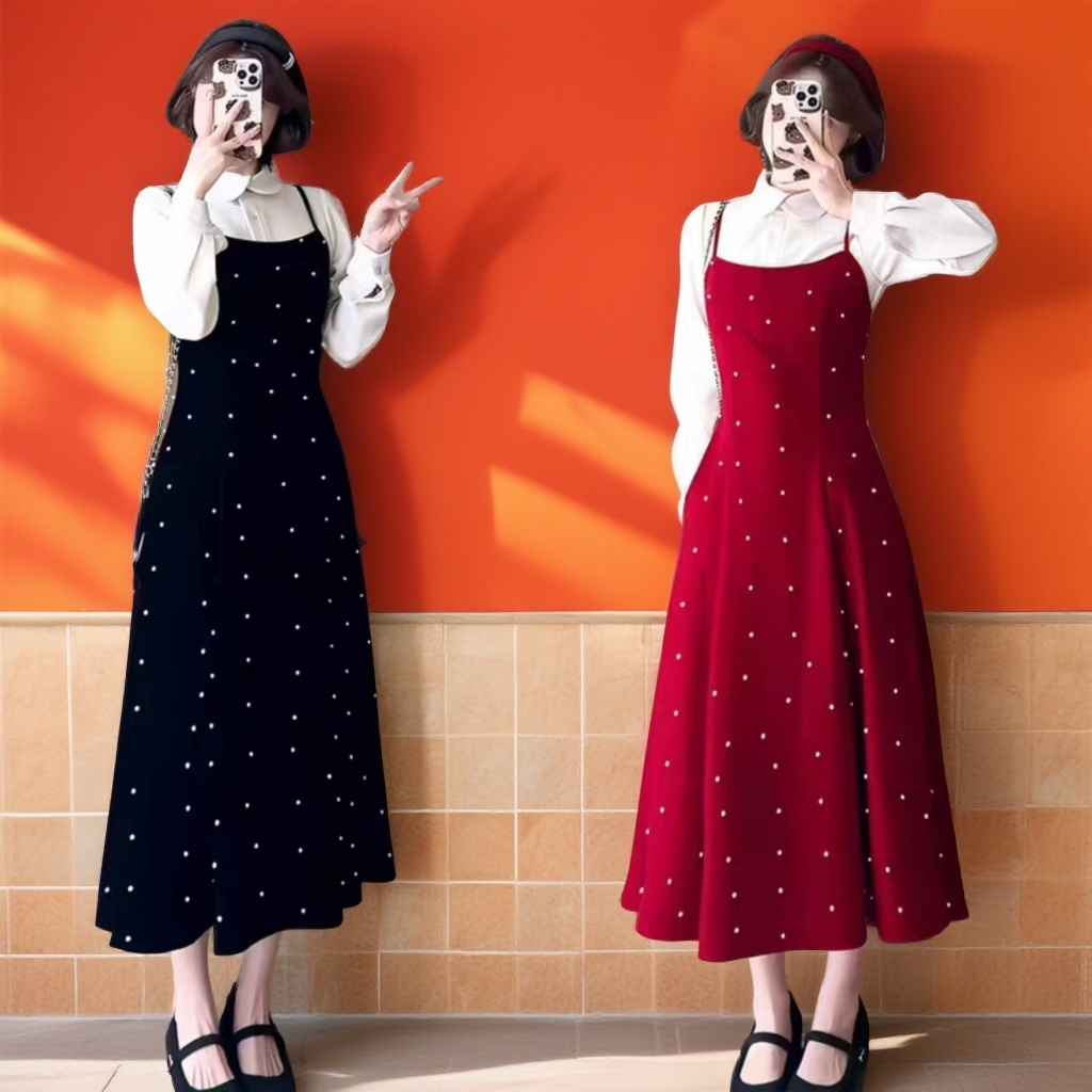 2025冬季新款【两件套】新年氛围感吊带丝绒长裙+衬衫0682*