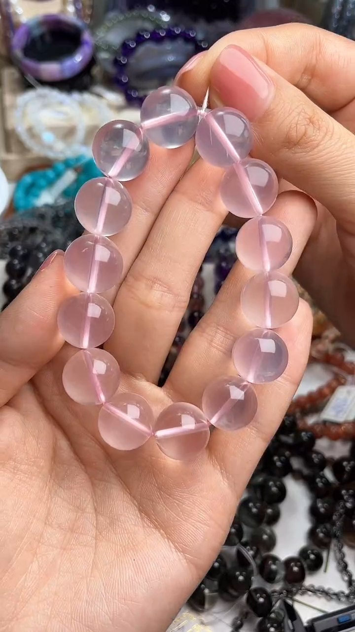 【闪购商品】芙蓉石手链银S925镶嵌天然星光粉晶14mm手链