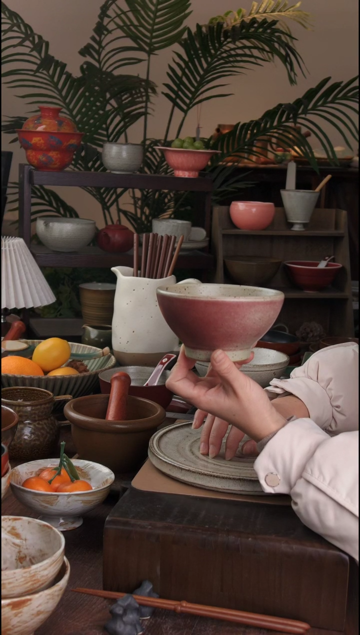 碗景德镇手工高温餐具桃红斗笠