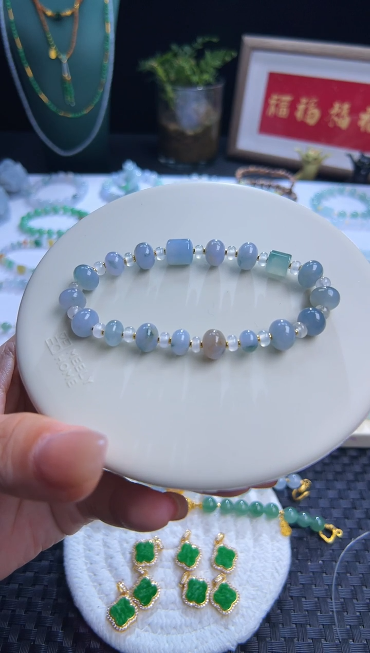 足金镶嵌手串翡翠特色莫奈花园料！卡8鼓珠冰紫！冰紫翡！巨漏！