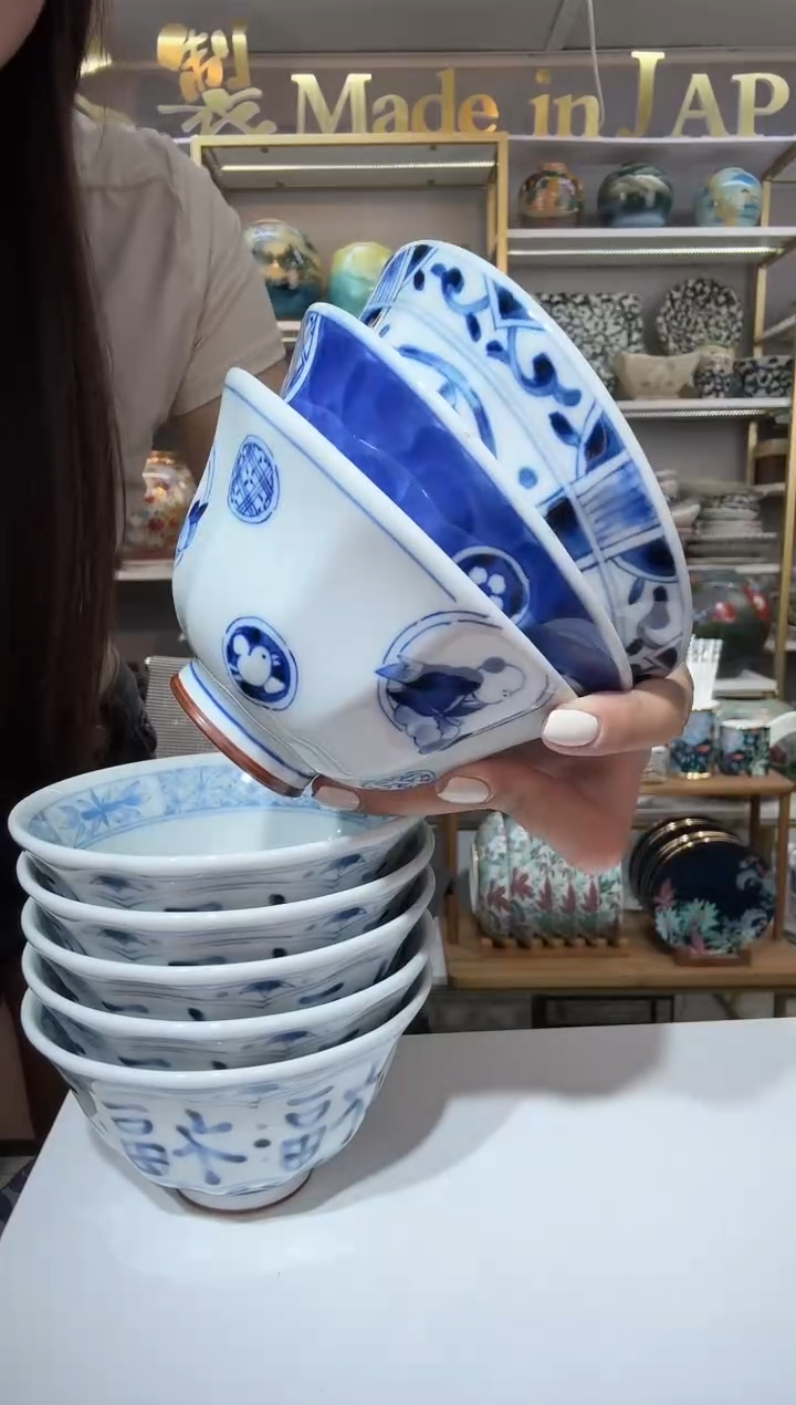 陶瓷蓝凛家饭碗12.5cm三支(童子+宝寿+浓丸纹)