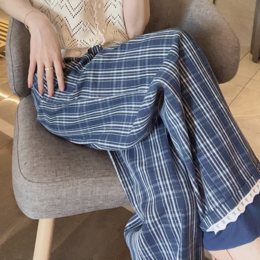 悦悦专属【光影菱格】法式气质下脚拼接蕾丝花边蓝格子休闲裤Y98