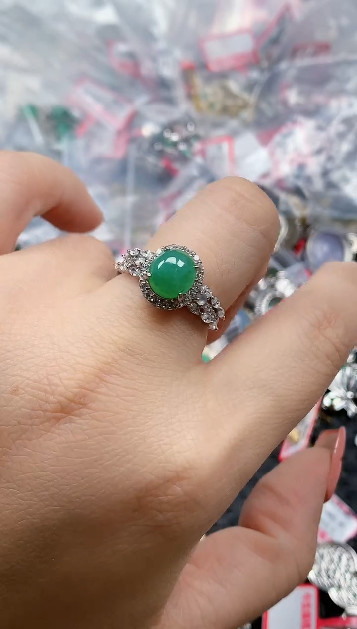 银S925镶嵌戒指翡翠天然A货缅甸翡翠