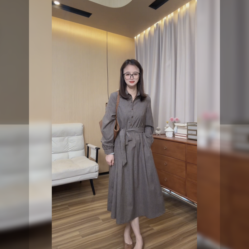 小个子长袖细格子衬衫领连衣裙收腰显瘦轻奢法式收腰裙子011
