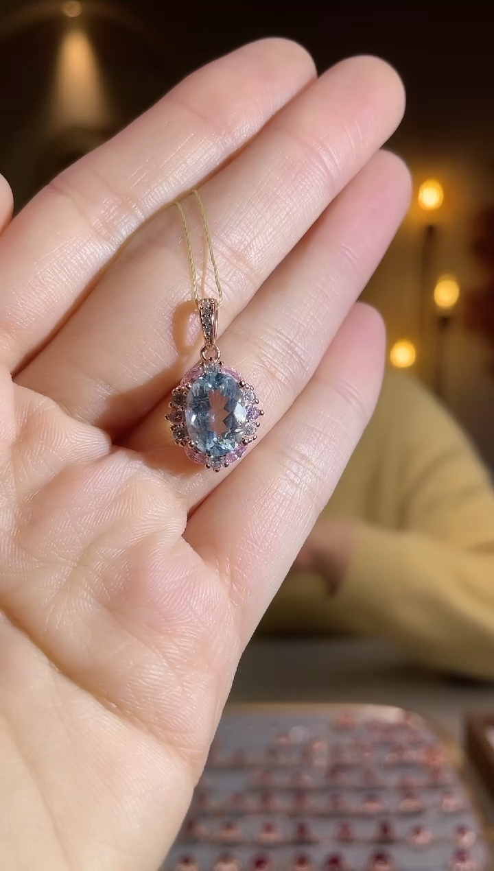 银S925镶嵌颈饰海蓝宝石颈饰