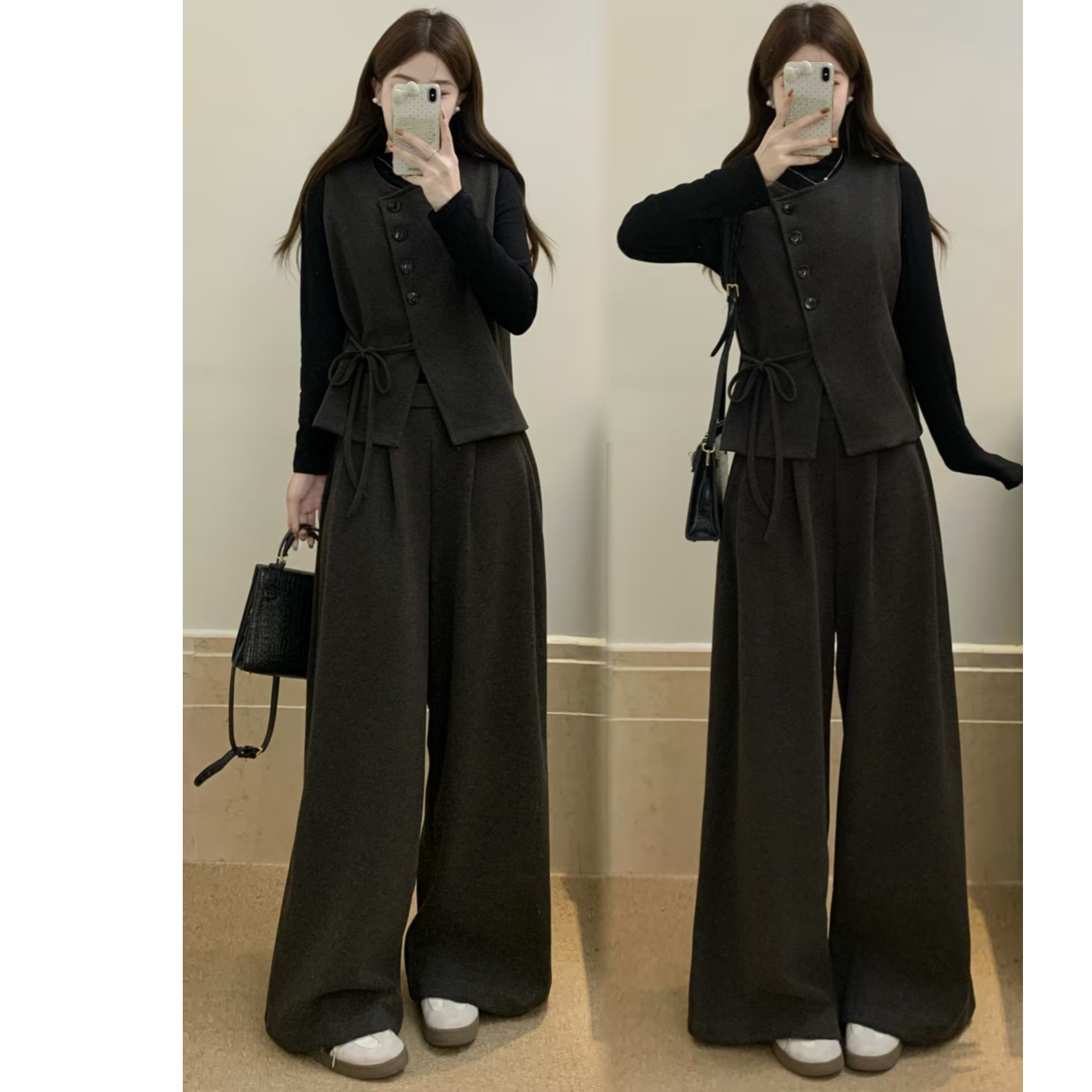 大码微胖秋冬新品韩版时尚套装女长袖打底T恤配毛呢马甲+阔腿长裤