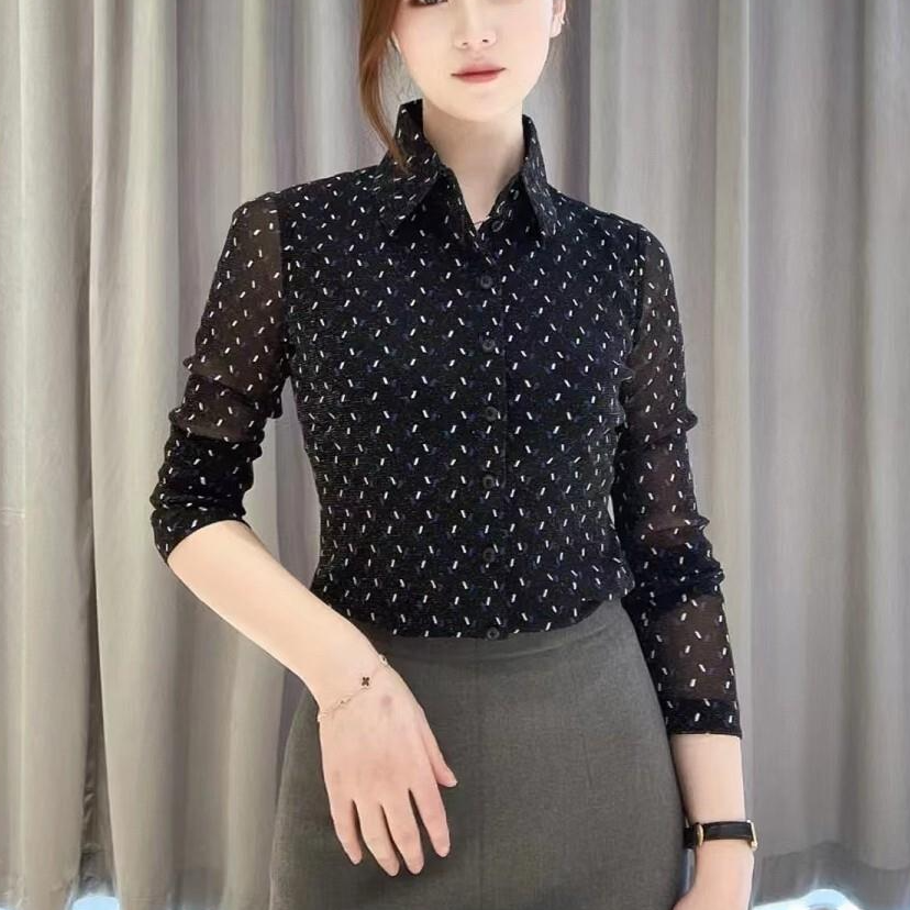 【商场同款】2025春秋新款方领印花网纱长袖衬衫女修身纱衣1300782