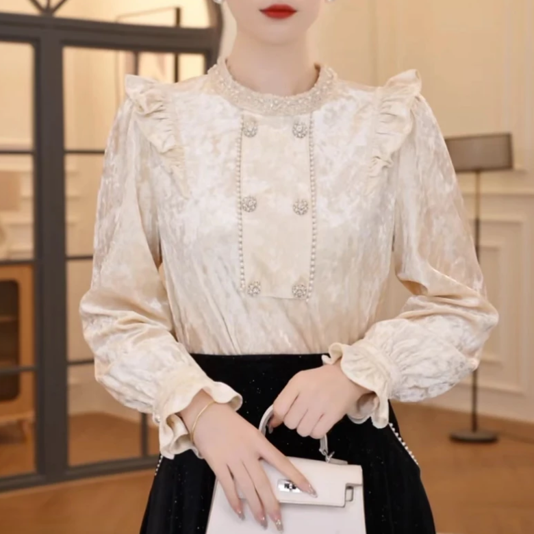 【393】法式高端丝绒打底衬衫女装早秋新款宽松时尚别致漂亮上衣