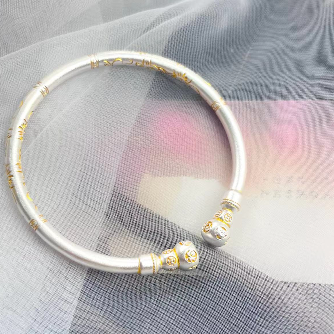 足银手镯 致爱一生足银999.9【葫芦.小花】描金古风手镯