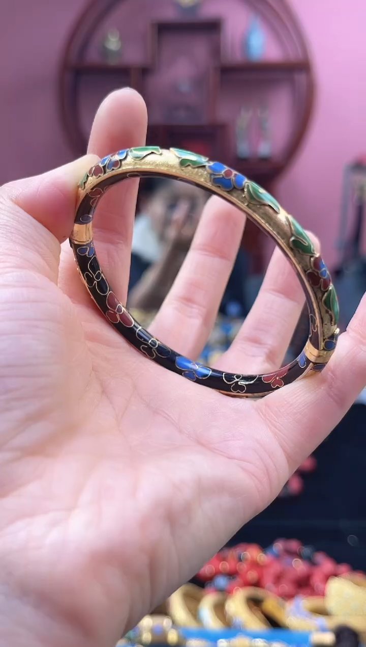 非遗景泰蓝  开口镯 55-63 金地 黑色