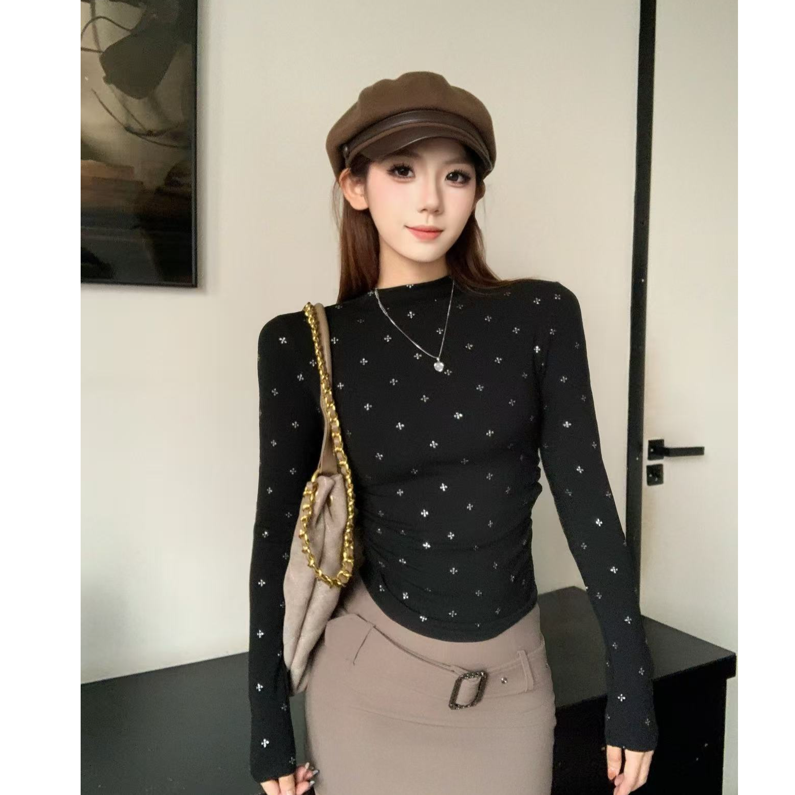 【重工烫银】不易掉十字架 加绒磨毛半高领长袖秋冬修身显瘦上衣