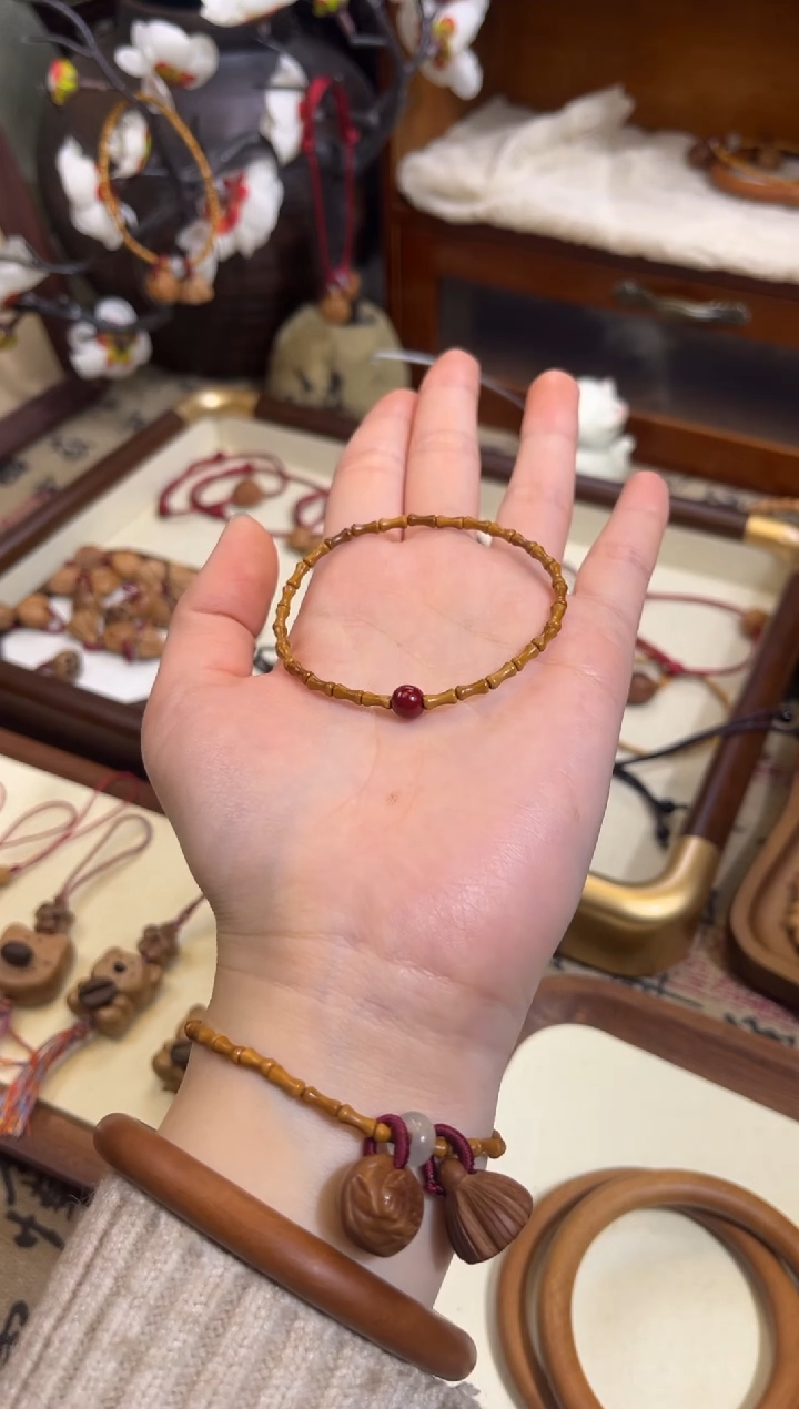 手串桃核【桃缘行】竹节「红色莎莎」桃木桃核辟、挡、驱、护 备注手围