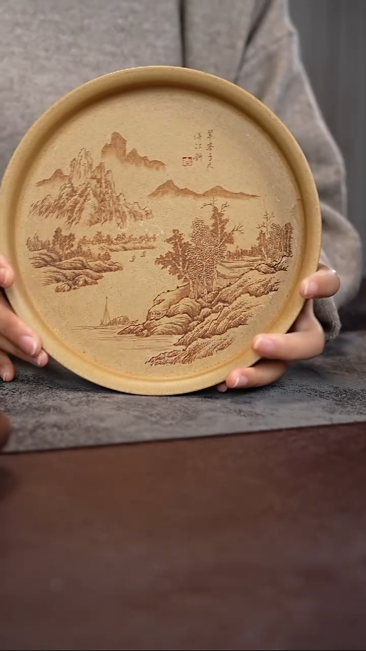 茶杯紫泥段泥绿泥山水刻绘壶承