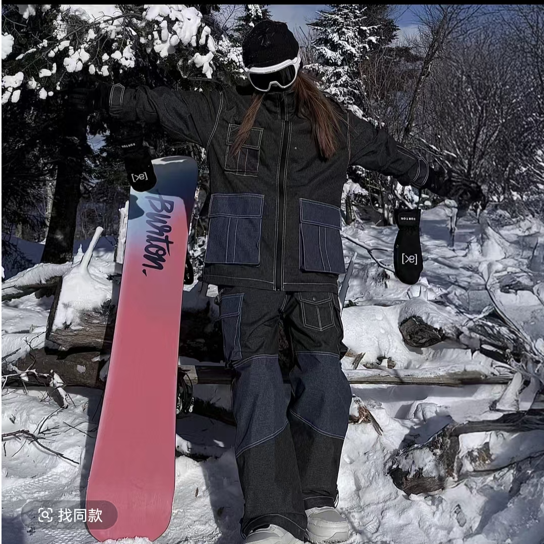 黑色男士耐磨耐脏牛仔加棉滑雪服防风防水保暖