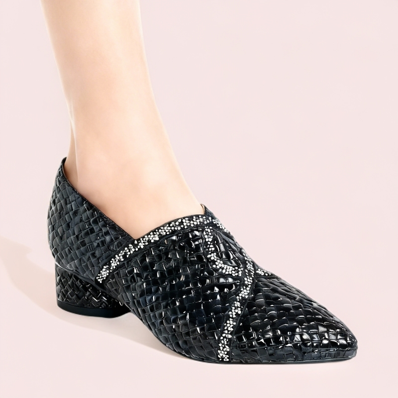 261漆皮编织压花深口单鞋粗跟高跟现款时尚尖头女鞋满钻鞋009-261