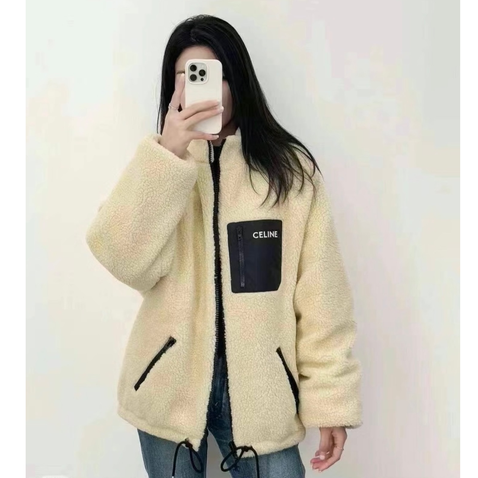 未使用 Celine/思琳 徽标印花高领拉链宽松长袖夹克外套 米色/XS