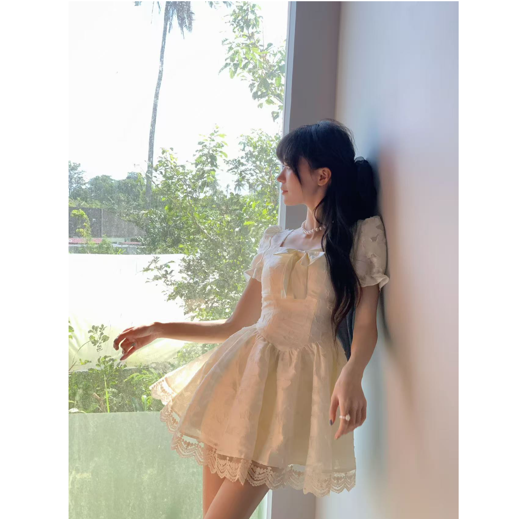 【QIANJIN】‘冰糖白梨’春夏度假法式显瘦收腰泡泡袖连衣裙QL8635