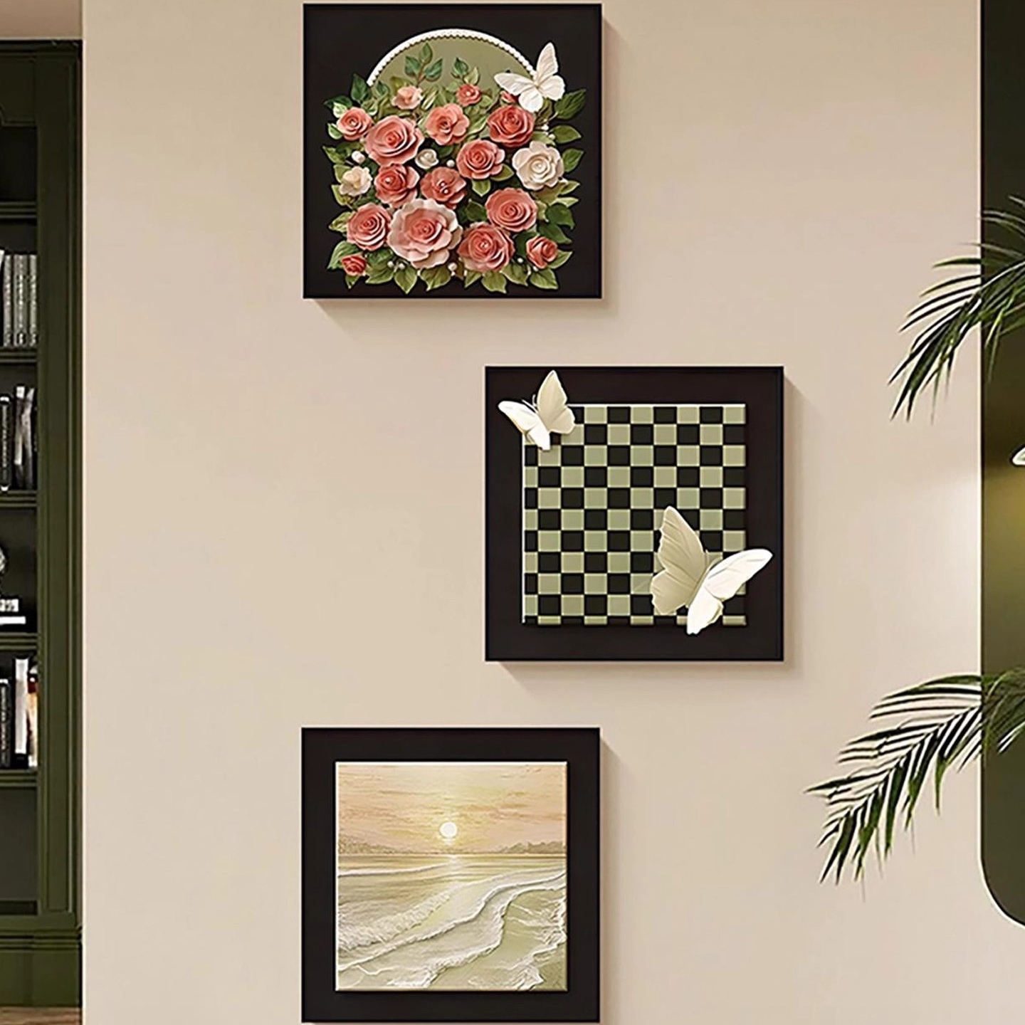 法式玫瑰蝴蝶入户玄关装饰画中古风客厅三联挂画走廊过道复古壁画