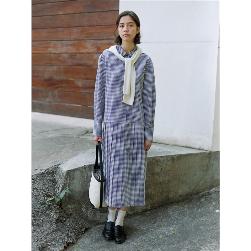 IC复古宽松格纹撞色衬衫连衣裙女夏季简约百褶长款裙子