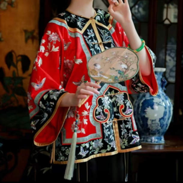  汉服晚清清汉女短款对襟 缎面 马面裙上衣 印花清朝 复古单上衣