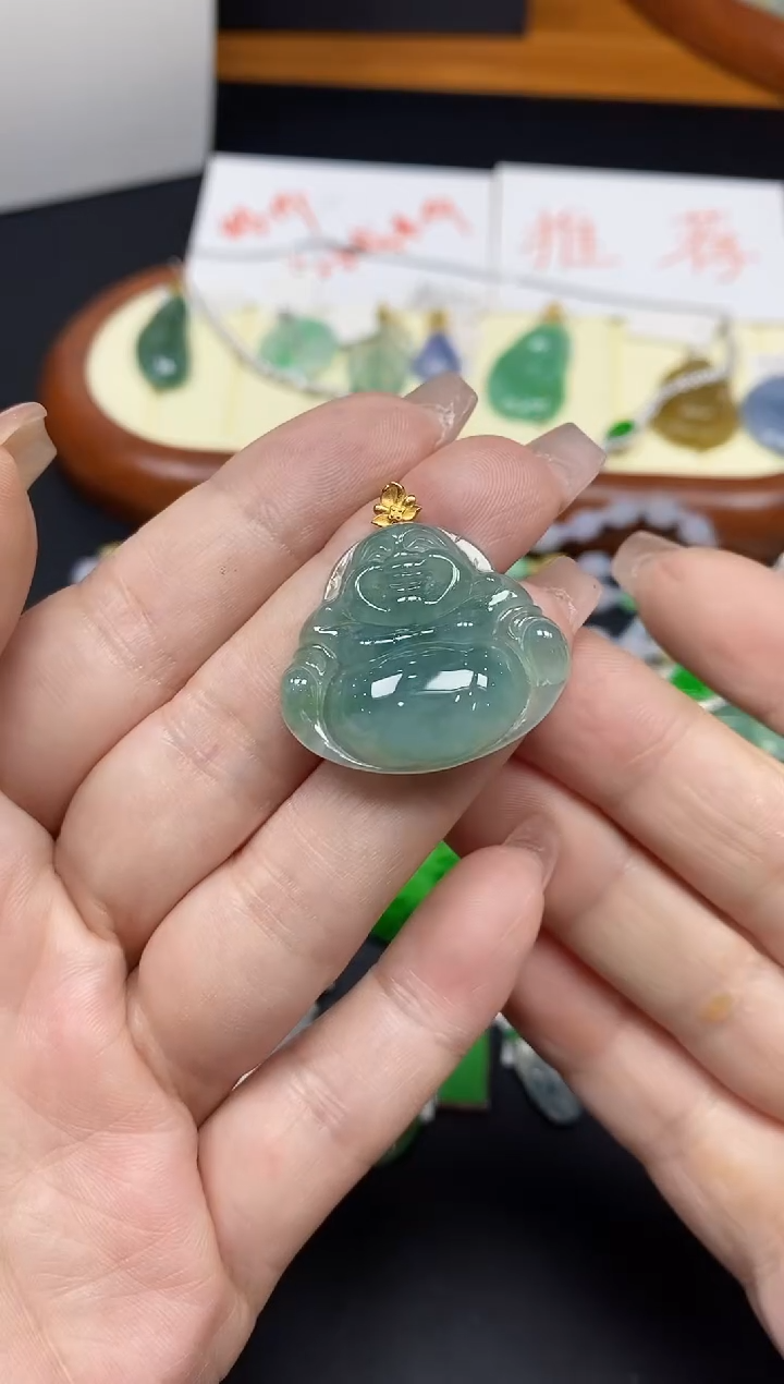 吊坠(不含链)18K金镶嵌翡翠佛公18K金扣镶嵌@@CMT1101-1