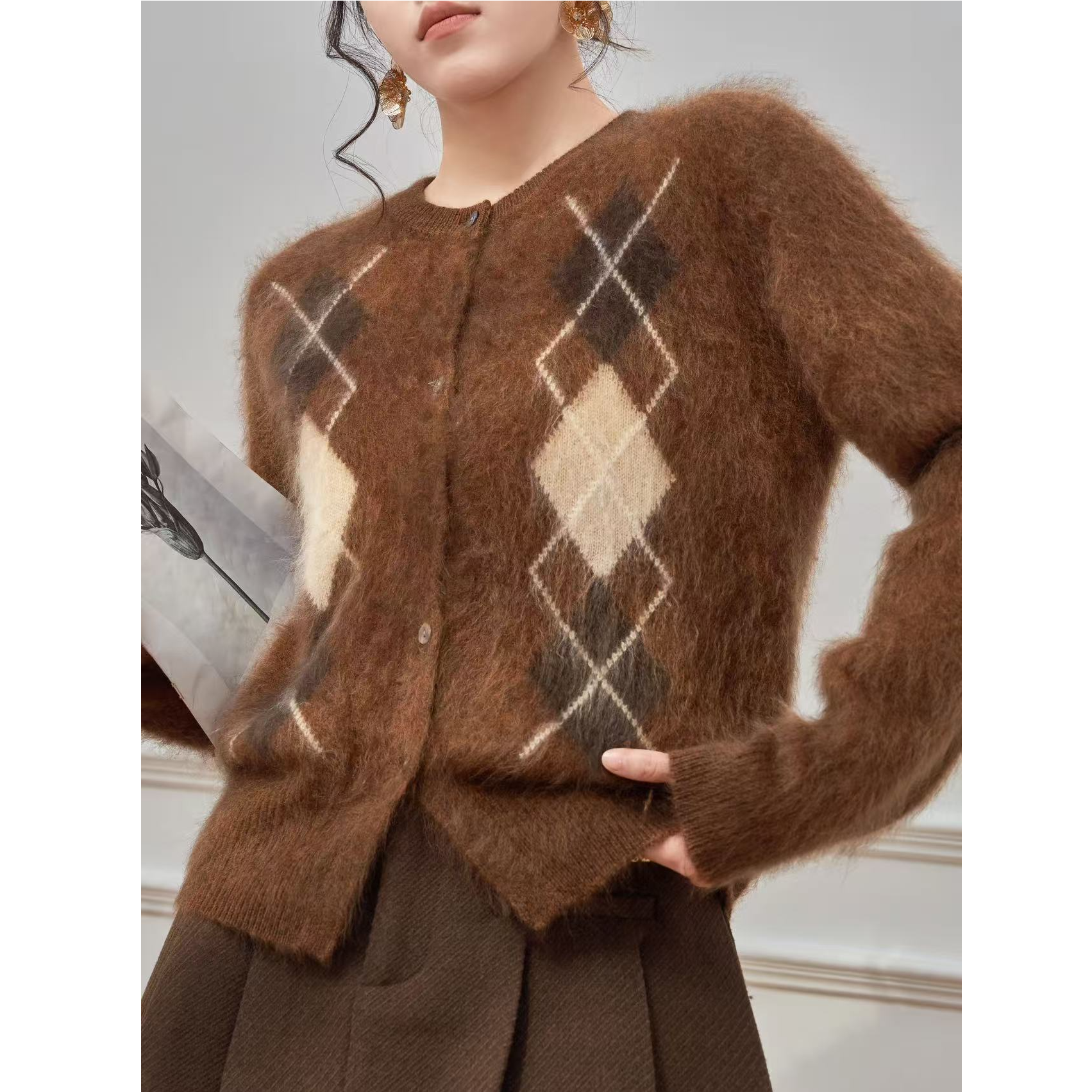 【运费补贴】复古菱格~100纯羊毛女拉毛针织羊毛衫开衫显瘦外套