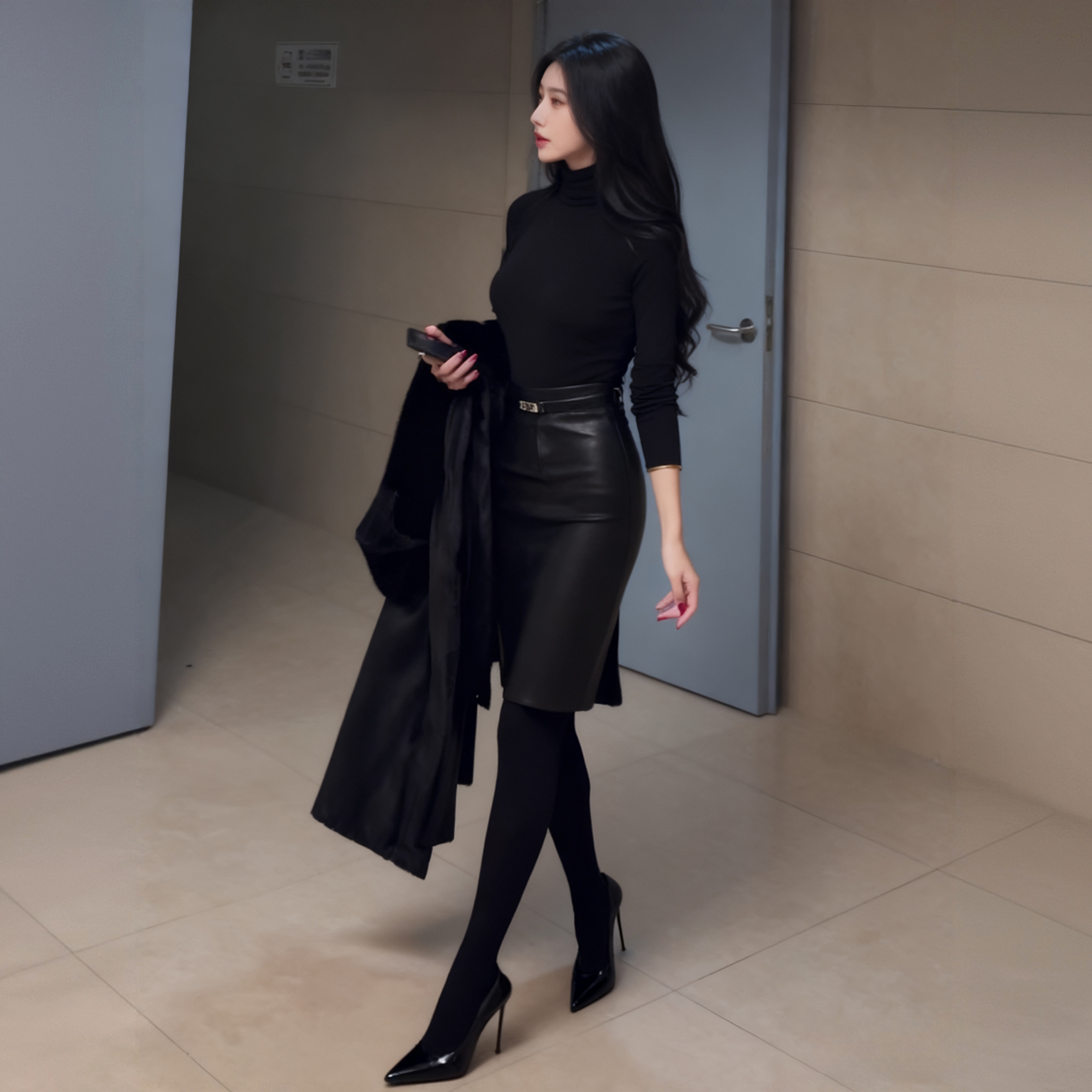 纯欲风法式黑色气质时尚皮裙套装秋冬加绒打底性感修身显瘦包臀裙