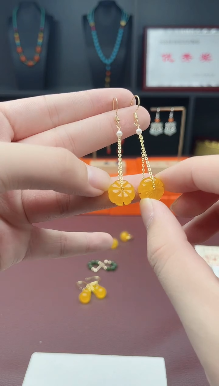 银S925镶嵌耳饰玛瑙/玉髓南瓜珠黄色