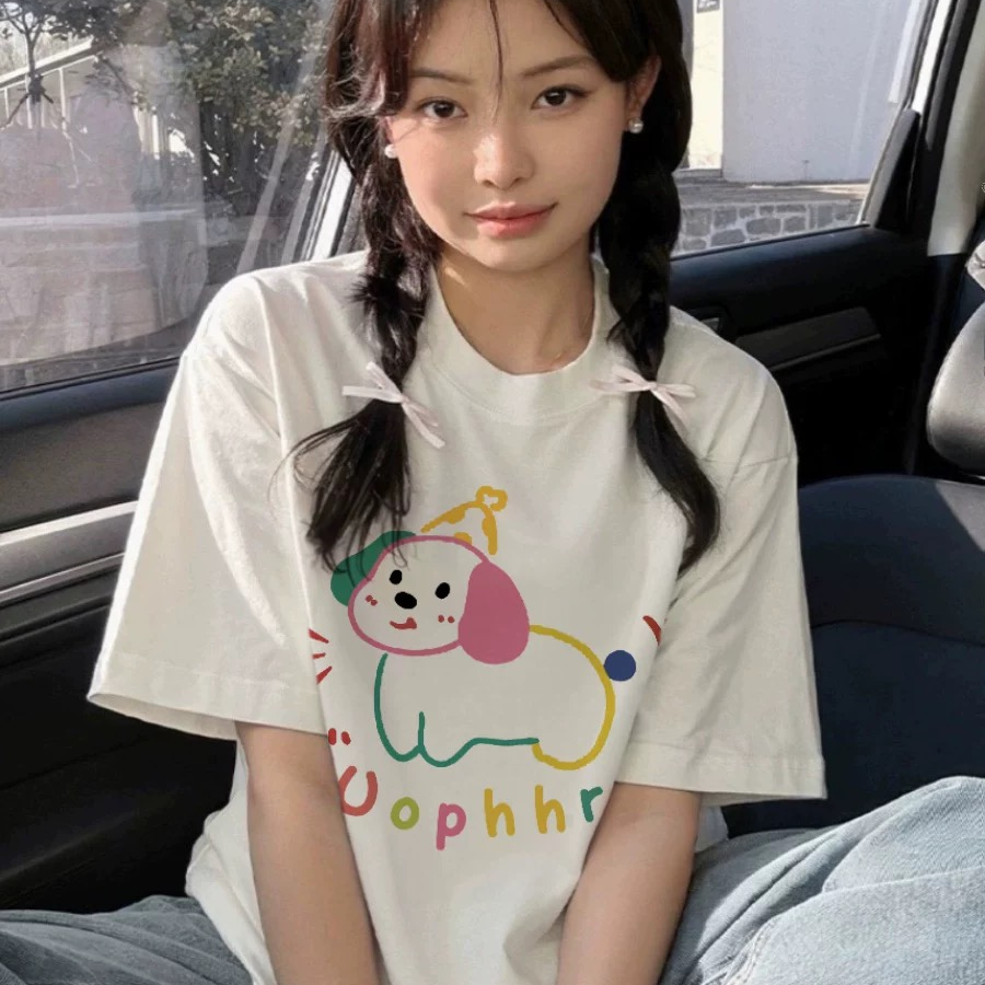 L007 字母小狗印花宽松短袖女夏季慵懒风休闲卡通T恤