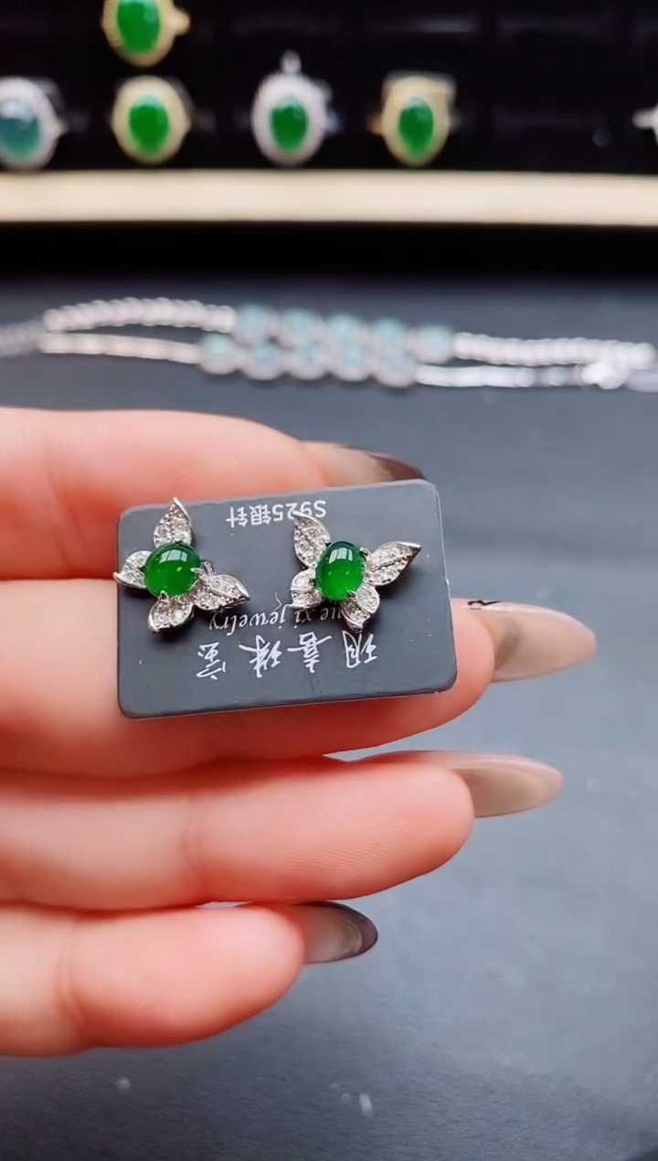 翡翠银S925镶嵌耳饰5080