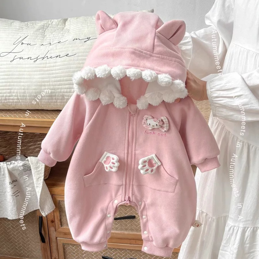 婴儿秋装外出衣服韩版女宝宝卡通可爱连帽连体衣外套长袖哈衣春秋