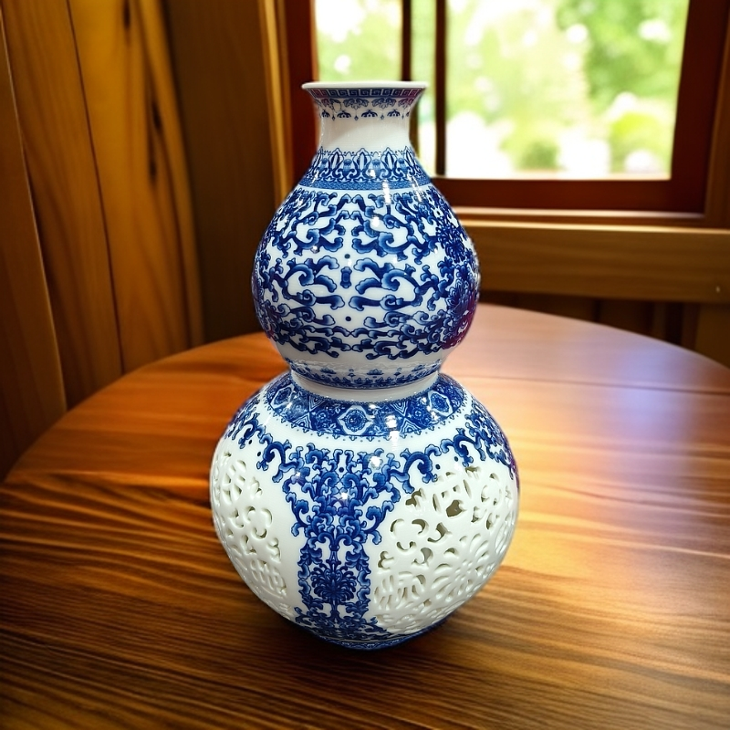 XD-ZH-XD325青花开窗镂空葫芦瓶+底座