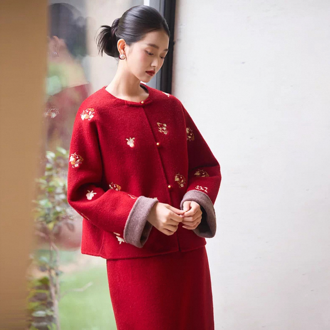 2026新款上新春秋冬新款新中式国风双面羊毛外套刺花重工轻奢圆领