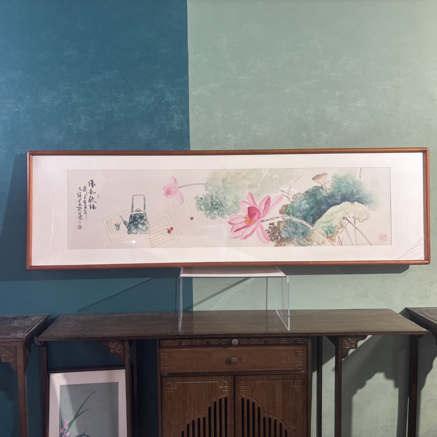 尺寸165*50cm-荷花客厅挂画-实木榫卯外框