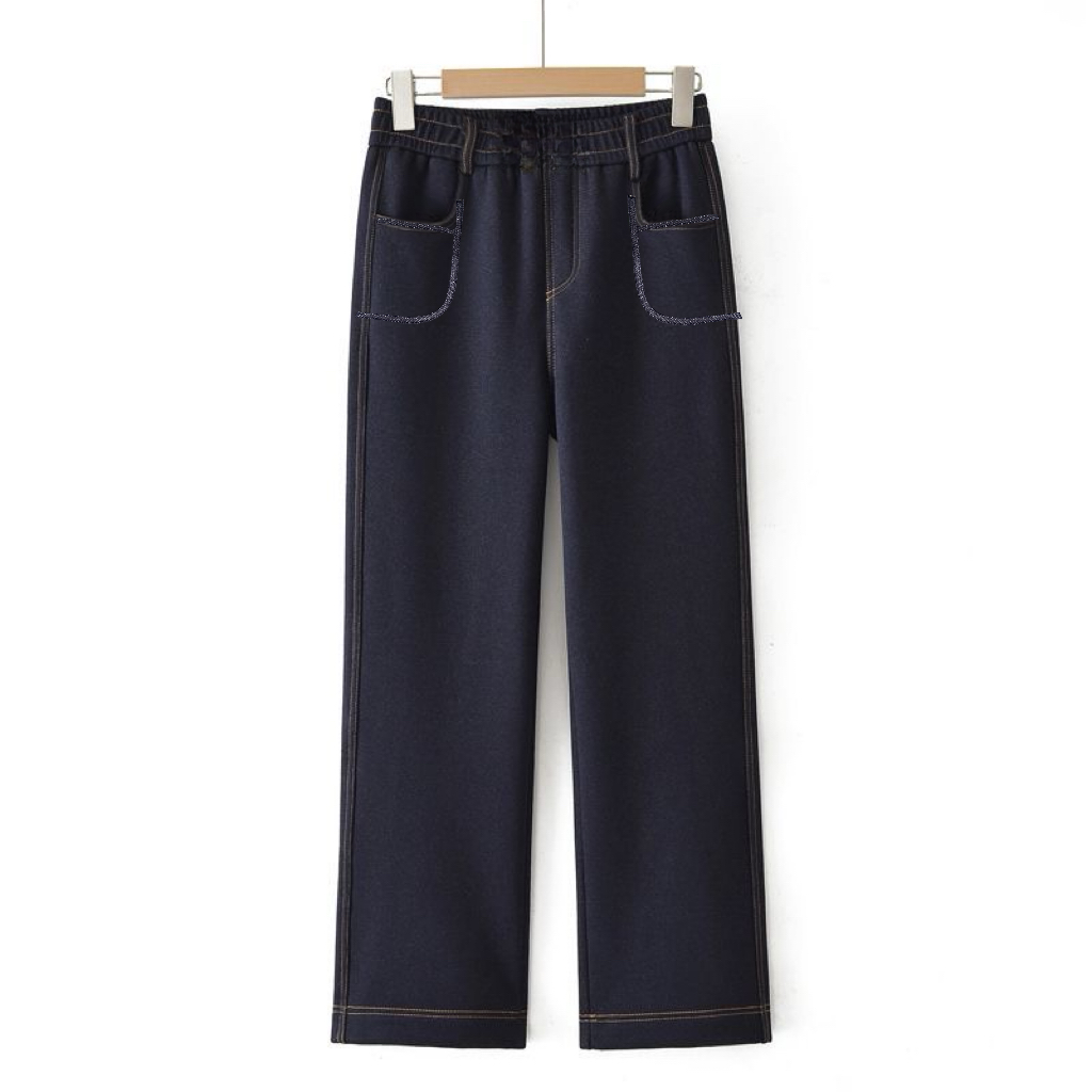 F225加绒款松紧腰带口袋阔腿裤牛仔裤女 