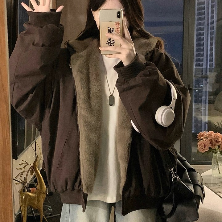 重磅帆布仿貂毛座山雕棉服外套女款冬季双面穿加厚连帽宽松棉衣
