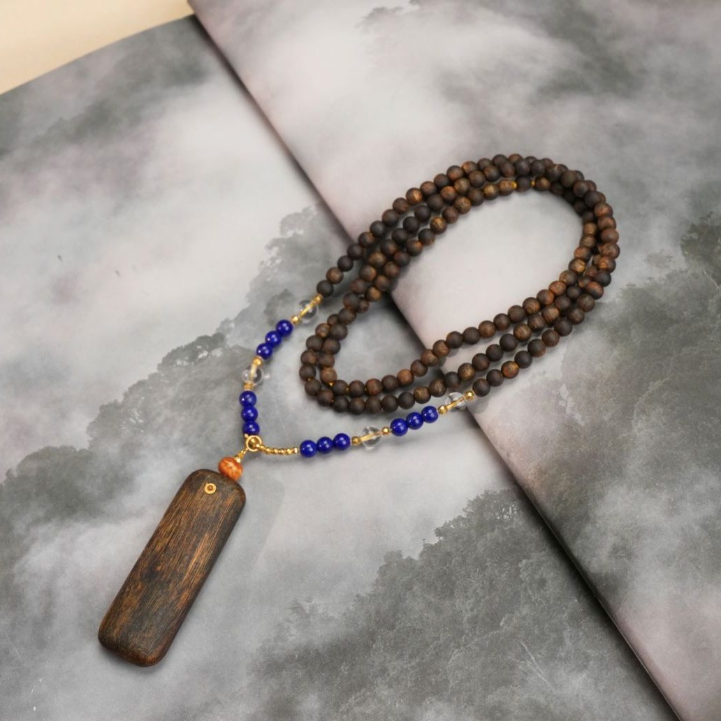 沉香18K金棋楠圆珠项链配青金CBY058