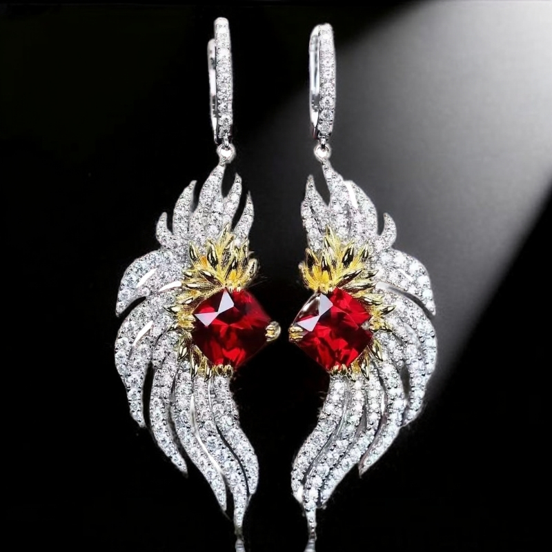 合金合成锆石耳饰 气质红凤凰复古优雅耳环耳坠吊坠项链套装