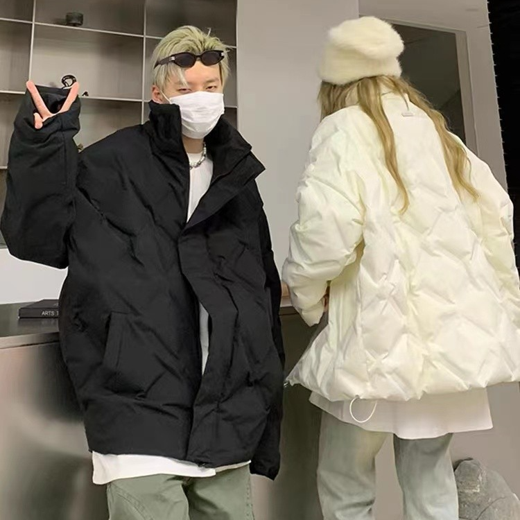 2025新款冬季美式潮牌情侣黑白色褶皱加厚棉衣男女保暖菱格棉服