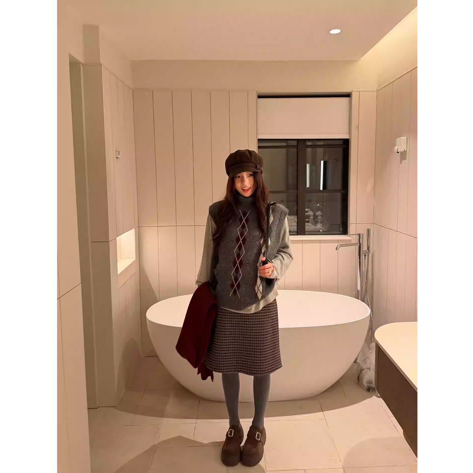 韩系学院风经典时髦叠穿无袖针织马甲菱格高领毛衣马甲593013