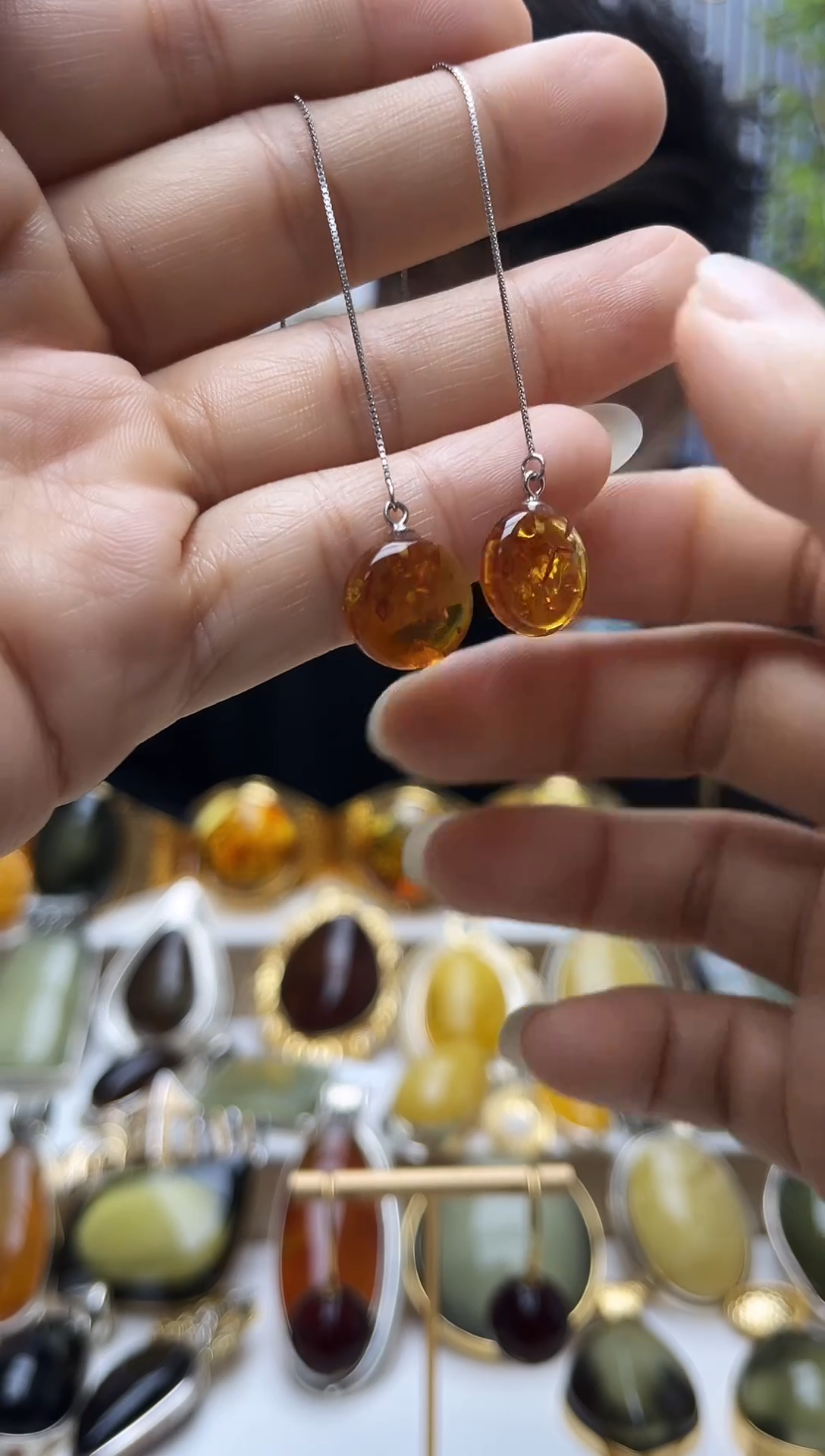 银S925镶嵌琥珀裸石花珀耳线