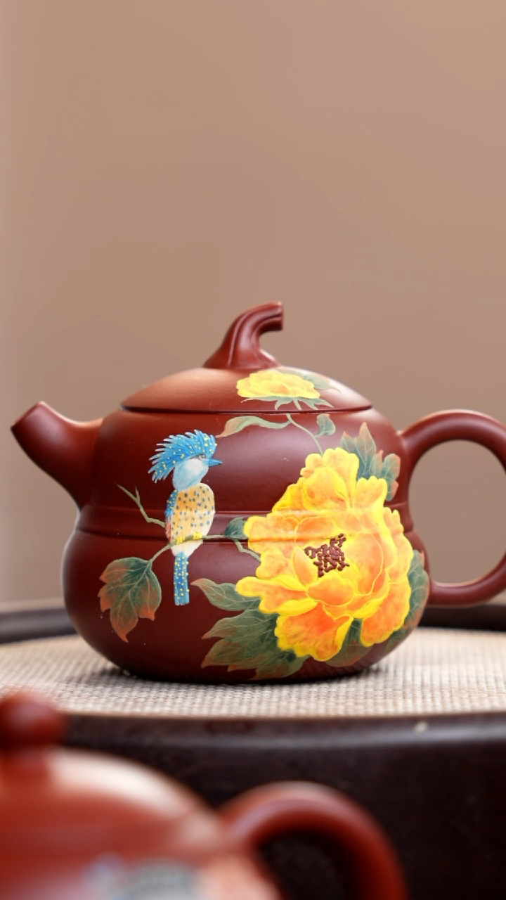 【闪购商品】紫砂茶壶大红袍葫芦壶泥绘蓝鸟