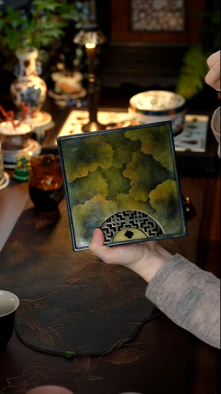 雲梦茶器大漆彩荷方形壶承16*16cm