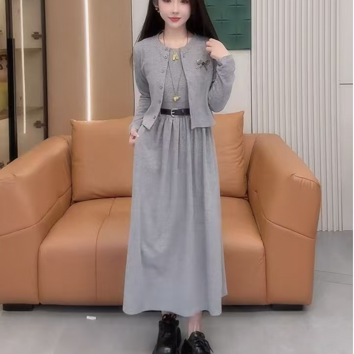 春季新款开衫+连衣裙时尚女装两件套洋气百搭女士休闲气质穿搭