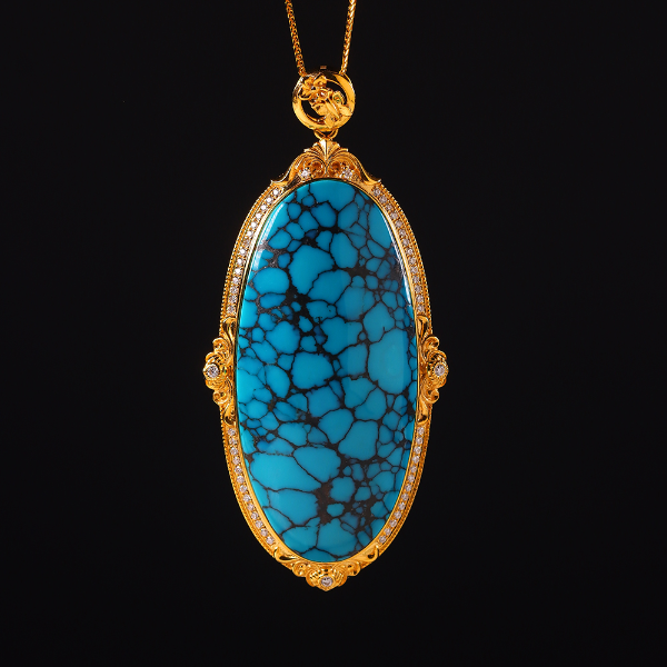 石堰原矿绿松石18K金手工镂空镶嵌水草网花吊坠玉化蓝色系玉牌