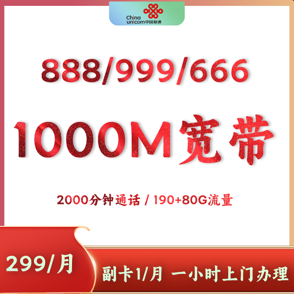 【8.9大豹子】【月租299】联通手机号含1000M宽带存1000